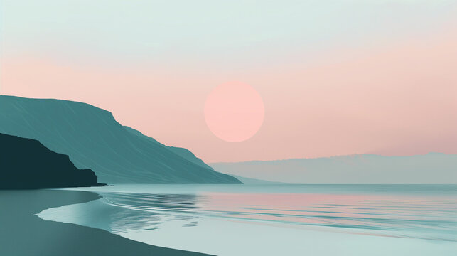 Calm minimalist sunset landscape with mountains, lake and island silhouette