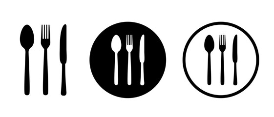 Silverware icons. Fork, knife and spoon. Menu symbol. Black silverware icon. Vector illustration.