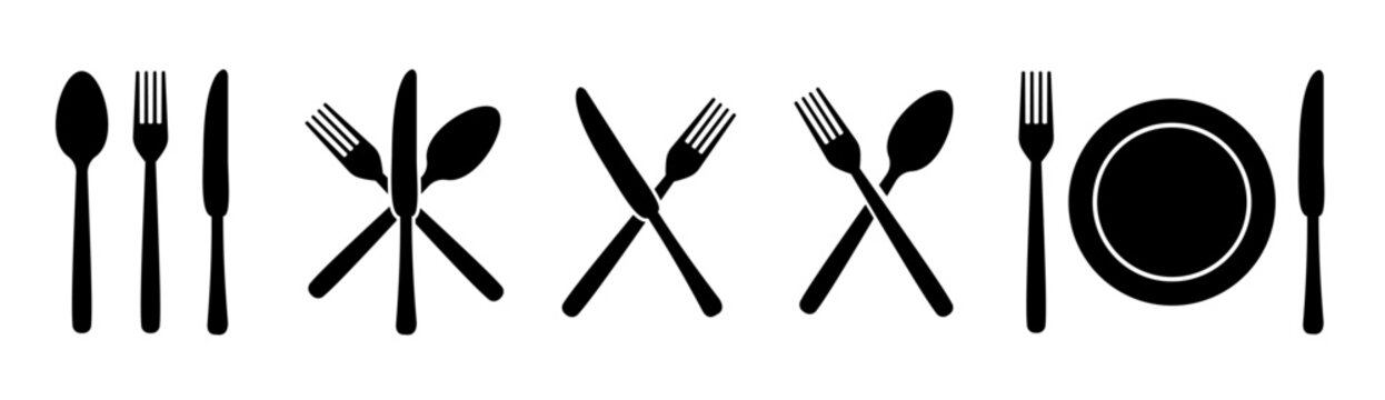 Silverware icons. Fork, knife, plate and spoon. Menu symbol. Black silverware icon. Vector illustration.