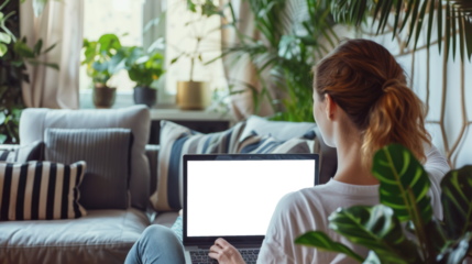 Mockup image of a woman working and touching on laptop touchpad with blank screen at home