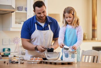 Recipe, baking and dad with child in kitchen with ingredients for bonding, learning and fun together. Family, home and happy father and girl helping with flour for cupcake, dessert and sweet treats