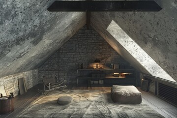 Modern open plan attic bedroom design featuring exposed brick and a large rug