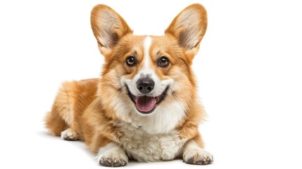 A Corgi with a happy smile, isolated on a white background.