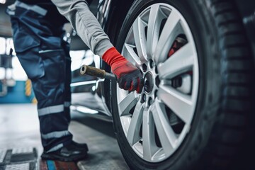 Obraz premium close-up of a man's hand with car tires. Beautiful simple AI generated image in 4K, unique.