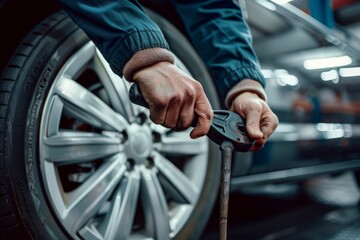 Obraz premium close-up of a man's hand with car tires. Beautiful simple AI generated image in 4K, unique.