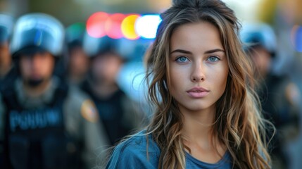 Obraz premium A serious young woman stands in front of police officers with blurred lights in the background, creating a tense atmosphere.