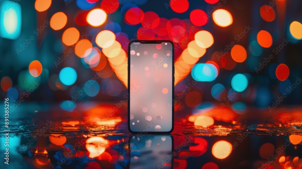 Poster a smartphone with a blank screen standing on a wet surface, with colorful bokeh lights in the backgr