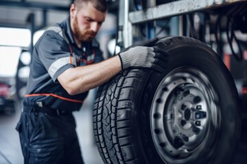 Close - up view of a mechanic at work, changing tires and wheels in a service center. Generative AI. Beautiful simple AI generated image in 4K, unique.