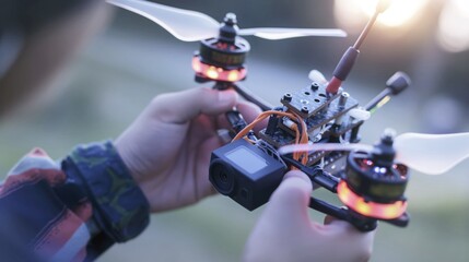 Black radio controlled quadcopter with camera for aerial photography on white background. Ideal for videography and drone enthusiasts.