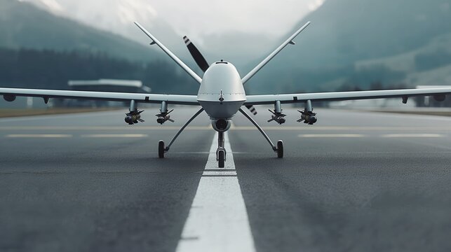 Modern military grey predator drone ready for takeoff on the runway, equipped with cutting-edge technology for reconnaissance over the mountains.