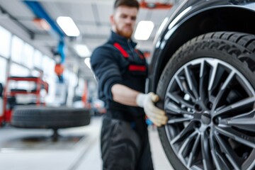 Fototapeta premium Professional Mechanic Fitting High-Performance Tire to Alloy Wheel in Clean Garage. Beautiful simple AI generated image in 4K, unique.