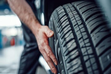 Close - up view of a mechanic at work, changing tires and wheels in a service center. Generative AI. Beautiful simple AI generated image in 4K, unique.