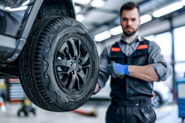 Fototapeta premium Close - up view of a mechanic at work, changing tires and wheels in a service center. Generative AI. Beautiful simple AI generated image in 4K, unique.