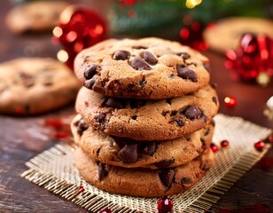 Stack of Homemade Chocolate Chip Cookies with Festive Decorations - Close-Up, Warm Lighting, Holiday Treat Photography