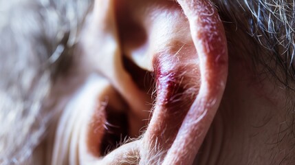 Fototapeta premium Closeup of person ear with red irritated patch of skin indicating inflammation and discomfort, suggesting need for care