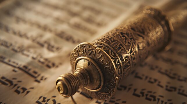 Intricate Metal Torah Scroll with Detailed Filigree, Hebrew Engraving on Textured Parchment Background, Shiny Metallic Reflections, Antique Aged Look
