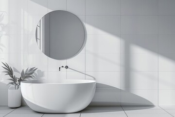 Sun shining through window in minimalist bathroom with oval bathtub