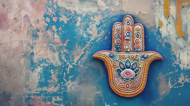 Colorful Hamsa featuring intricate details on a textured grungy blue background, ideal for travel, cultural, and spiritual concept designs.