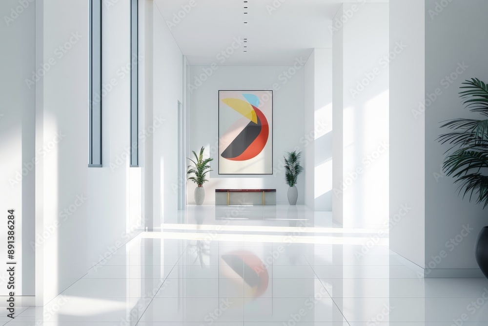 Poster sunlight illuminating white modern empty corridor with abstract painting