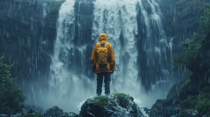 Majestic Waterfall in Rainy Season - Person in Yellow Jacket Facing Misty Cascade
