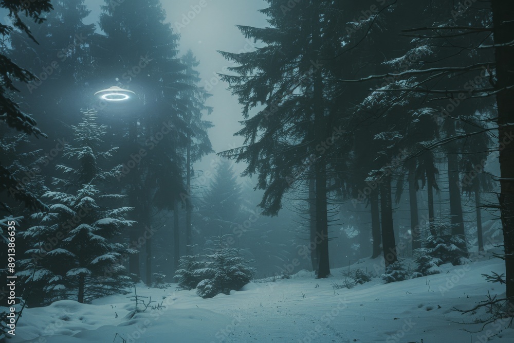 Poster unidentified flying object hovering over snowy pine forest