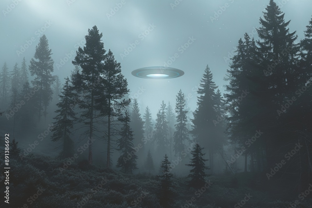 Aufkleber unidentified flying object hovering over a dark forest