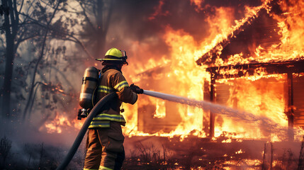 Naklejka premium A Fireman Extinguishes a Burning House