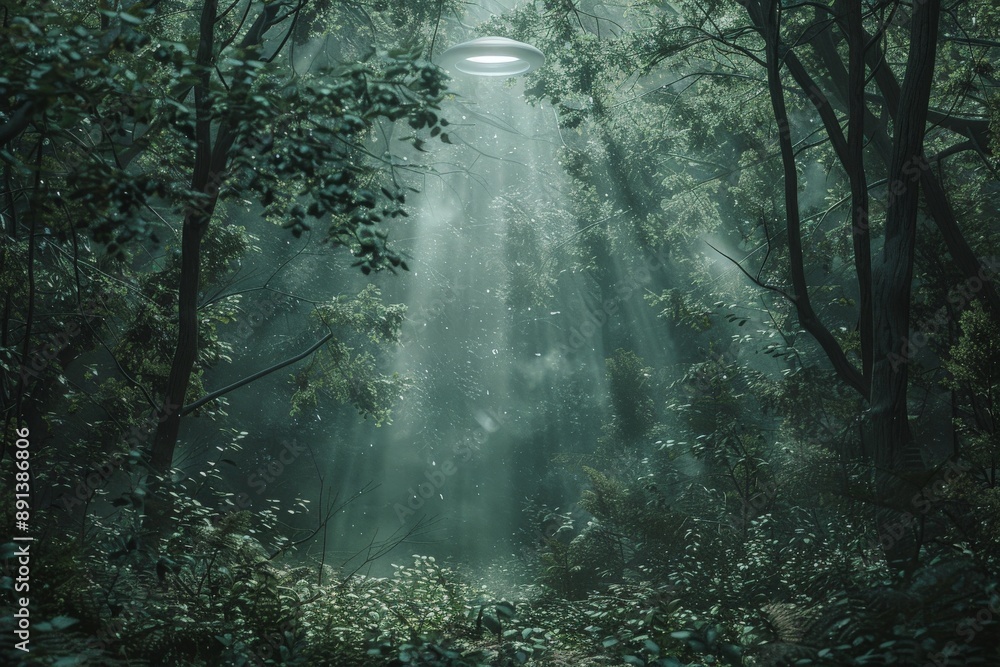 Poster unidentified flying object hovering over magical forest at night