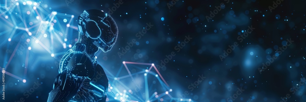 Poster a futuristic robot with blue glowing lights in a dark, starry background. advanced ai and sci-fi tec