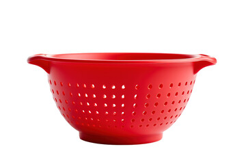 A Bright Red Colander With Intricate Perforations, A Kitchen Essential for Draining and Rinsing on a Clear PNG or White Background.