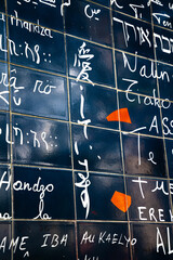  Wall of Love, love-themed wall in the Jehan Rictus garden square in Montmartre, Paris, France,...