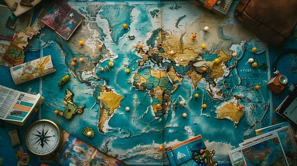 A world map with colorful pins marking various locations, surrounded by travel brochures and a compass. 