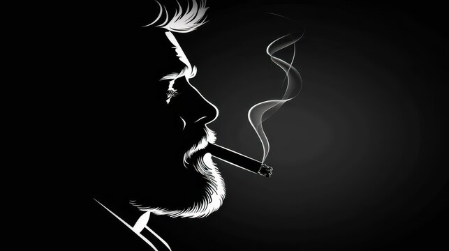 Stylish silhouette of a bearded man puffing on a cigar.