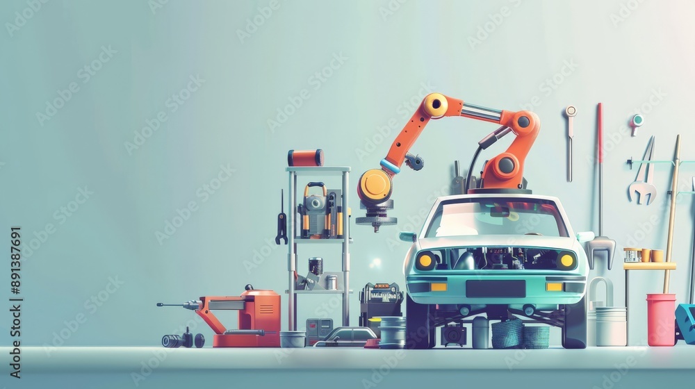 Poster Automated robotic arm working on a car in a high-tech garage. Concept of AI and robotics in automotive industry.