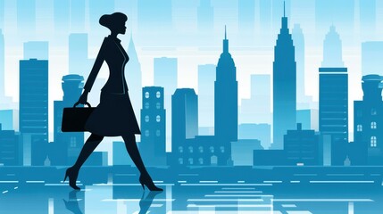 Obraz premium Elegant silhouette of a businesswoman standing tall at sunrise with a city skyline in the background.