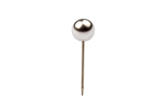 A Single Silver Pushpin Stands Tall Against a White Background on a Clear PNG or White Background.