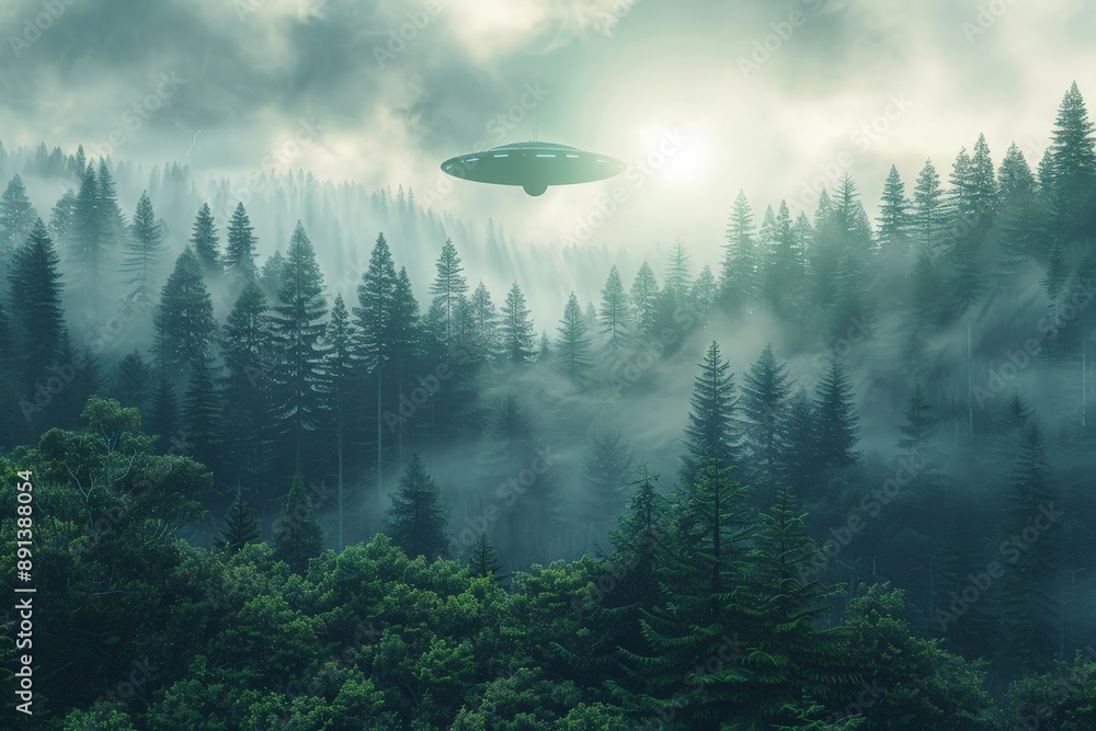 Aufkleber unidentified flying object hovering over evergreen forest