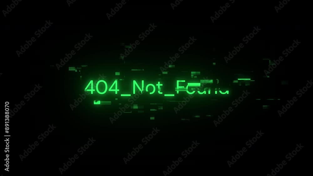 Poster 404 not found text with screen effects of technological failures. spectacular screen glitch with var