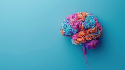 Human brain made of multi-colored tangled threads on blue background, banner with copy space, concept of neurodiversity and mental problems