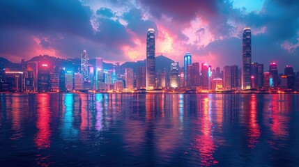 Fototapeta premium Futuristic Cityscape Illuminated at Night with High-Rise Skyscrapers and Vibrant Lights - Hyper-realistic 3D Rendering