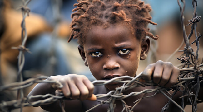 Un enfant africain dans un camp de r&eacute;fugi&eacute;s symbolisant le conflit et la guerre, concept de drame humanitaire.