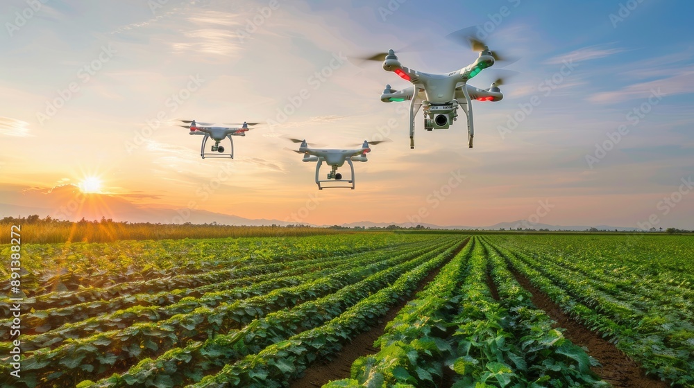 Aufkleber drones hovering over crop fields, illustrating the shift towards precision farming for higher yields