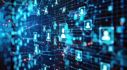 Obraz premium Fond technologique numérique avec icônes de médias sociaux et avatars de personnes sur un écran numérique bleu.