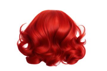 A Crimson Cascade of Curls: A Vibrant Red Wig in Close-Up on a Clear PNG or White Background.