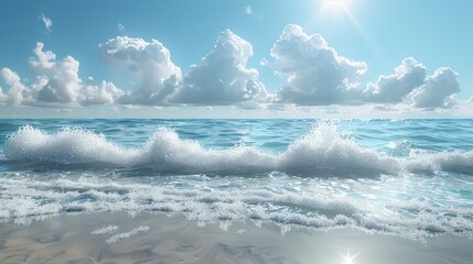 Obraz premium Serene 3D Rendering of Minimalist Beach with Smooth Sand, Gentle Waves, and Clear Blue Sky