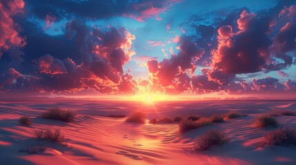 Fototapeta premium Majestic Hyper-Realistic 3D Rendering of Vibrant Sunset Over Desert Sand Dunes with Colorful Sky