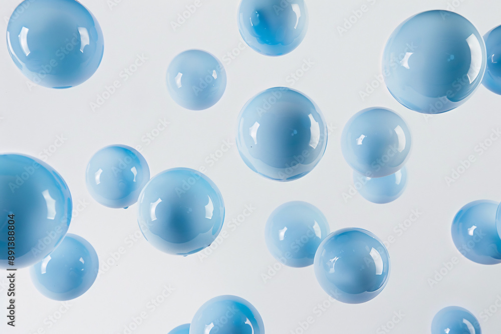 Poster floating translucent blue bubbles on a white background creating a serene and ethereal effect