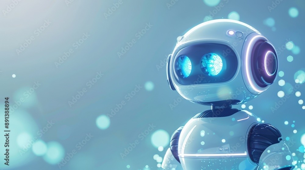 Poster cute robot with glowing blue eyes and a bokeh background. represents futuristic robotics and ai.