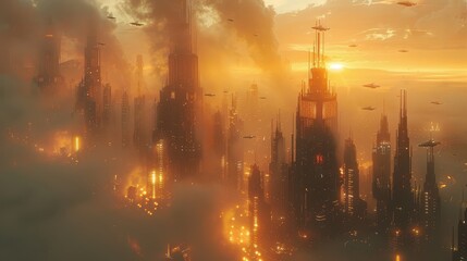 Fototapeta premium Futuristic Cityscape: Hyper-Realistic 3D Rendering of Modern Skyscrapers, Flying Vehicles, and High-Tech Ambiance