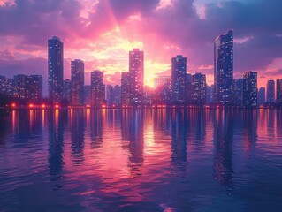 Fototapeta premium Futuristic Cityscape: Hyper-Realistic 3D Rendering of Modern Skyline at Dusk in 8K Resolution